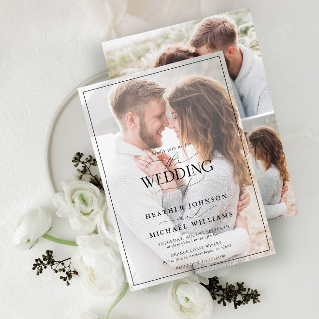 Modern Black White Calligraphy Faux Vellum 4 Photo Einladung (Von Creator hochgeladen)