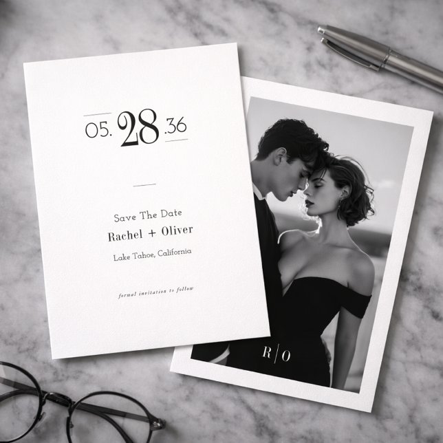 Modern Black & White Editorial Photo Save the Date (Von Creator hochgeladen)
