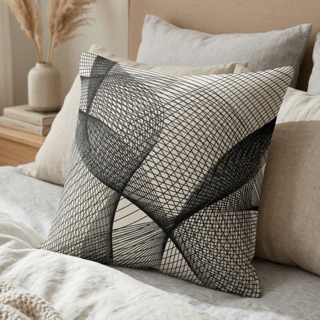 Modern Black White Geometric Line Art Throw Pillow Kissen (Von Creator hochgeladen)