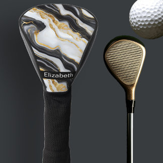 Modern Black White Gold Marble Personalized Golf Headcover