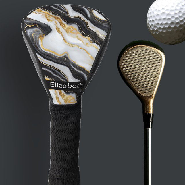 Modern Black White Gold Marble Personalized Golf Headcover (Von Creator hochgeladen)