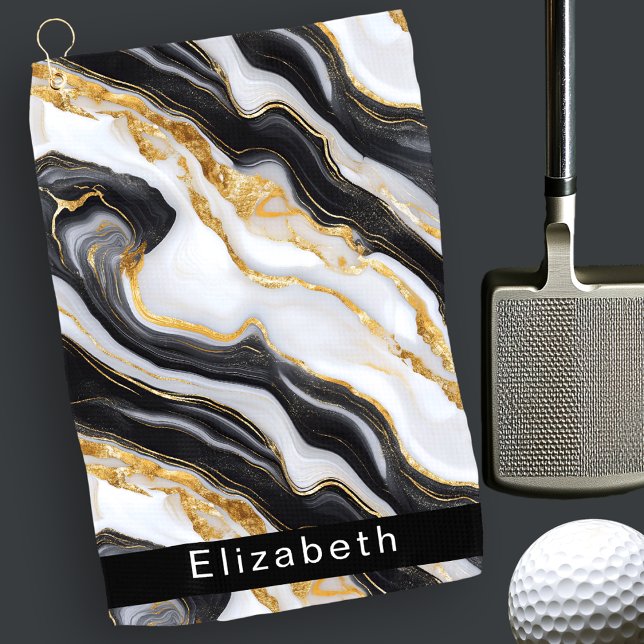 Modern Black White Gold Marble Personalized Golfhandtuch (Von Creator hochgeladen)