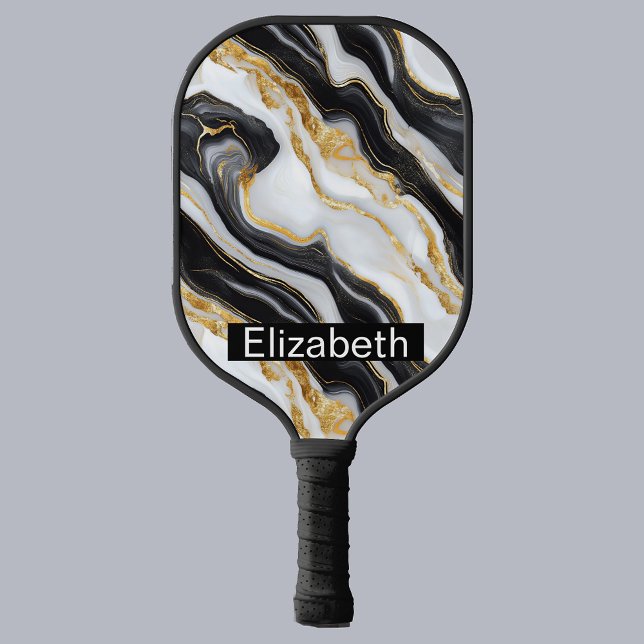 Modern Black White Gold Marble Personalized Pickleball Schläger (Von Creator hochgeladen)