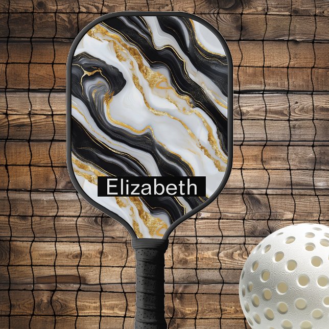 Modern Black White Gold Marble Personalized Pickleball Schläger (Von Creator hochgeladen)