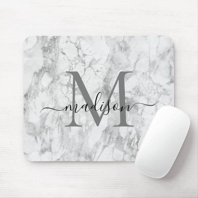 Modern Black White Gray Marble Monogram Script Mousepad (Mit Mouse)