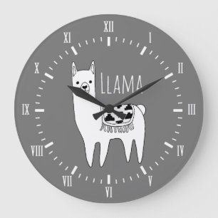 Modern Black & White Llama Sketch Roman Numerals Große Wanduhr