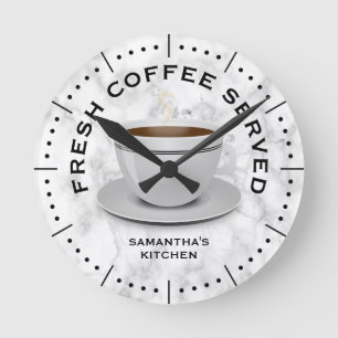 Modern Black White Marble Coffee Theme Kitchen   Runde Wanduhr