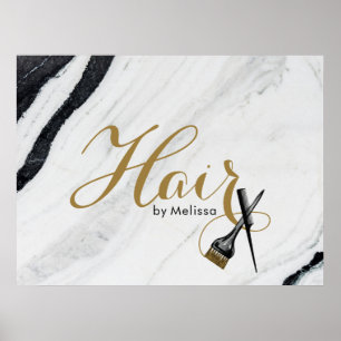 Modern Black & White Marble Gold Hair Stylist Poster