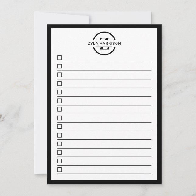 Modern Black White Monogram Name To Do List Einladung (Vorderseite)