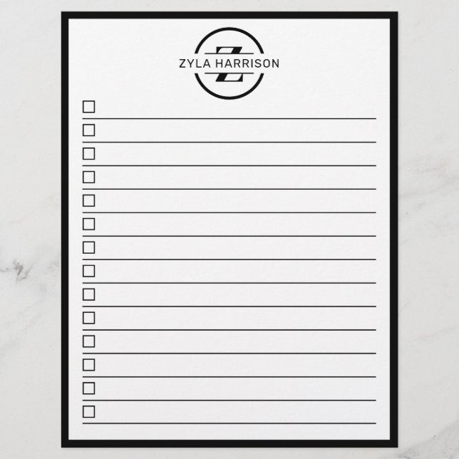 Modern Black White Monogram Name To Do List Flyer (Vorne)