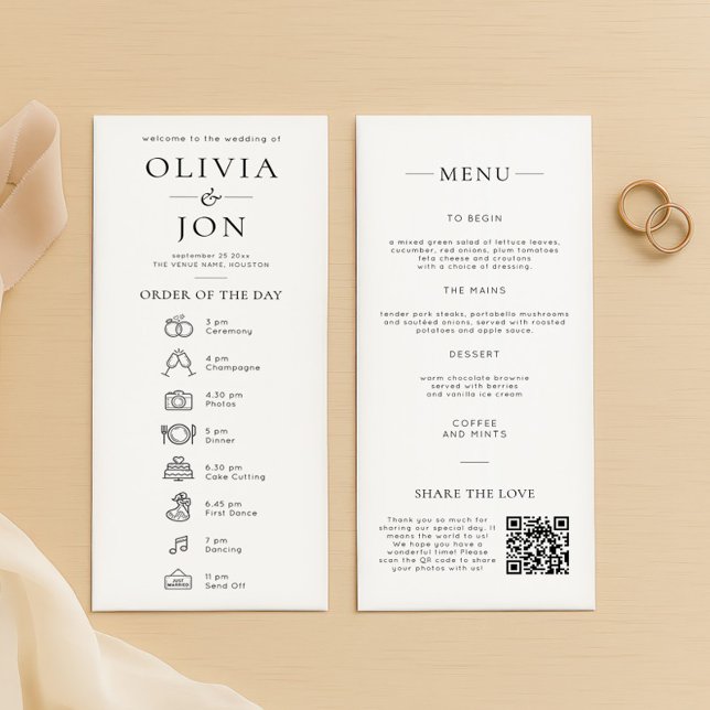 Modern Black White Order of Day and Menu Wedding  Programm (Front and back view)