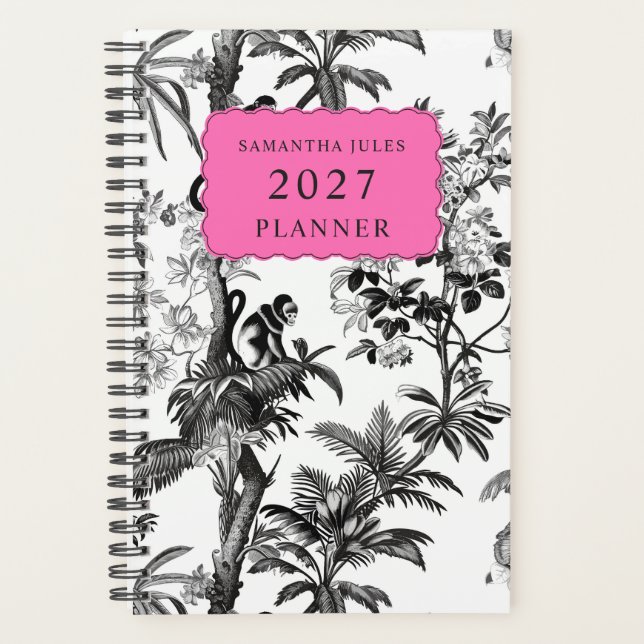Modern Black White Pink Tropical Monkey Pattern Planer (Vorderseite)