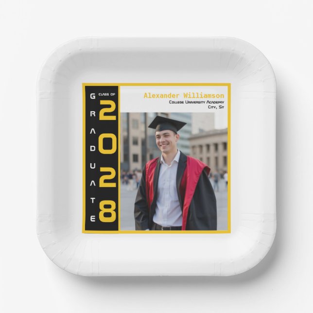 Modern Black Yellow White Graduation Photo Party Pappteller (Vorderseite)