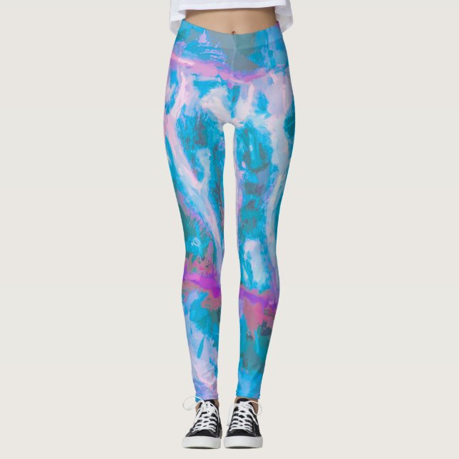 Modern Blau Pink Weiß Abstrakte Farbe Leggings (Vorderseite)