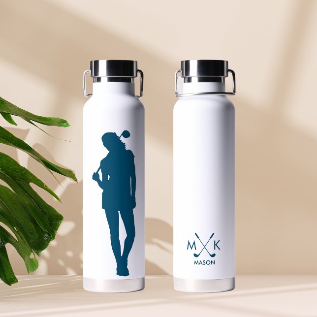Modern Blaue Farbe Weibliche Golfer Monogramm Trinkflasche (Von Creator hochgeladen)
