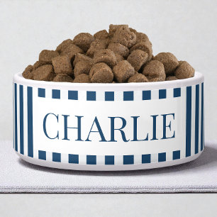 Modern Blaues Streifenmuster Minimales Hunde Name Napf