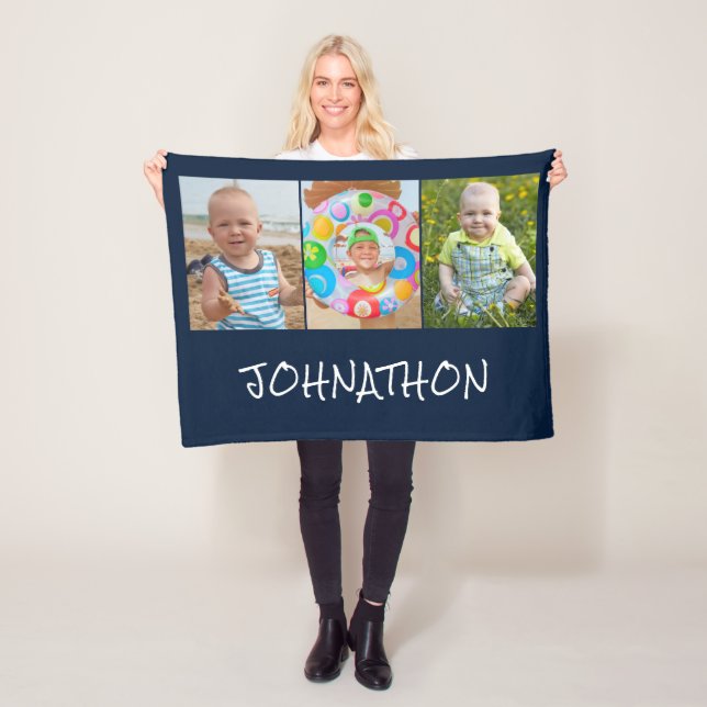 Modern Blue 3 Foto Collage Name Fleecedecke (Beispiel)