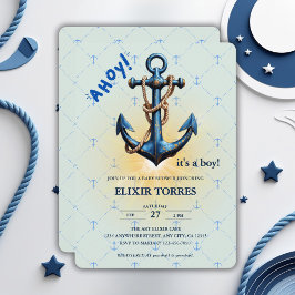 Modern Blue Ahoy! Anchor Nautical Baby Dusche Einladung