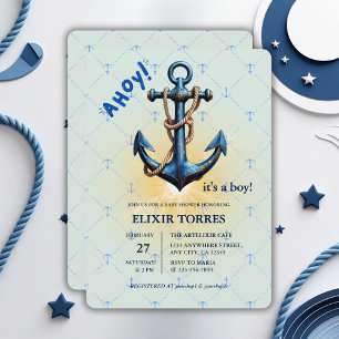 Modern Blue Ahoy! Anchor Nautical Baby Dusche Einladung