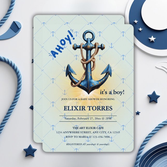 Modern Blue Ahoy! Anchor Nautical Baby Dusche Einladung (Von Creator hochgeladen)