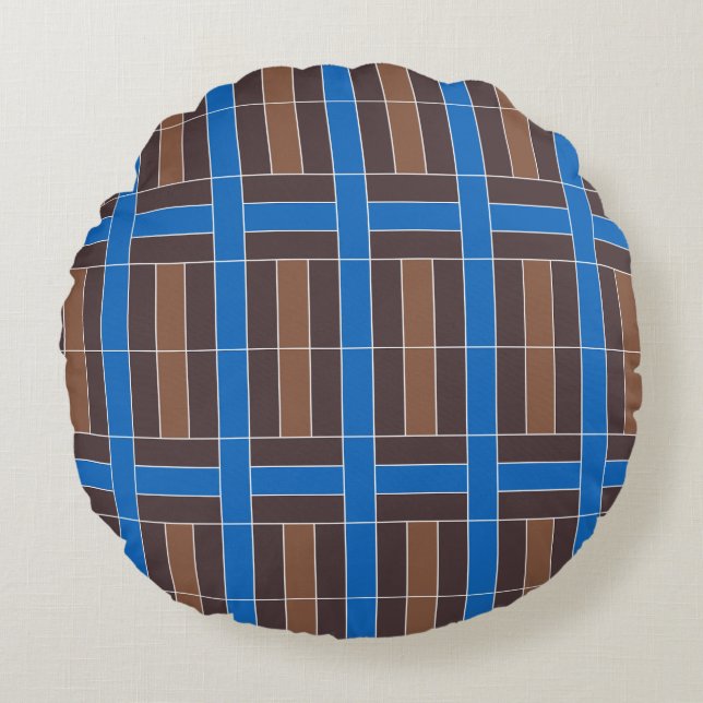 Modern Blue and Brown Geometric Plaid Pattern | Rundes Kissen (Vorderseite)
