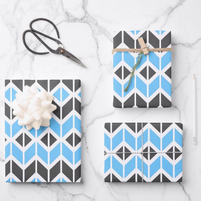 Modern Blue and Dark Gray Herringbone Geometric Geschenkpapier Set (Vorderseite)