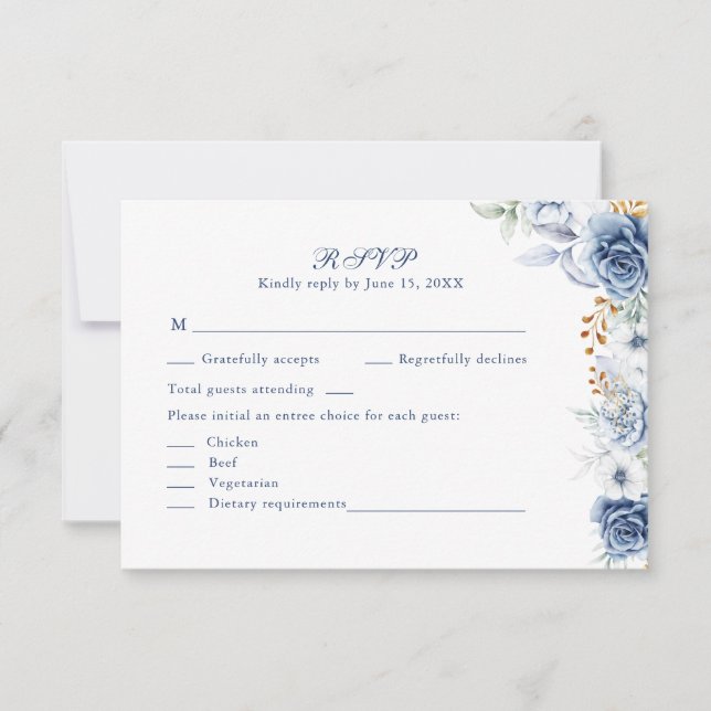 Modern Blue and Gold Floral Wedding RSVP Card (Vorderseite)