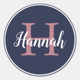 Modern Blue and Pink Script Monogram Name Runder Aufkleber