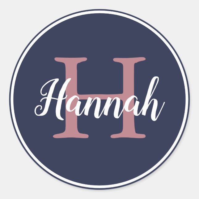 Modern Blue and Pink Script Monogram Name Runder Aufkleber (Vorderseite)