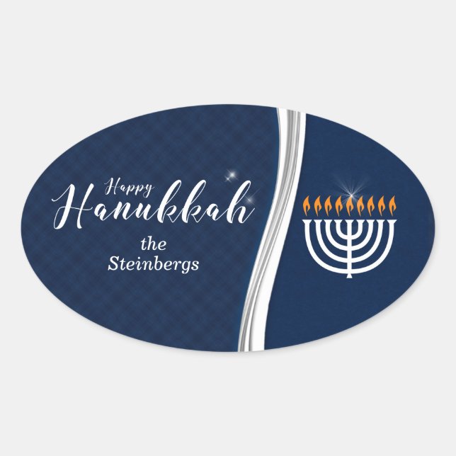 Modern Blue and White with Name for Hanukkah Ovaler Aufkleber (Vorderseite)