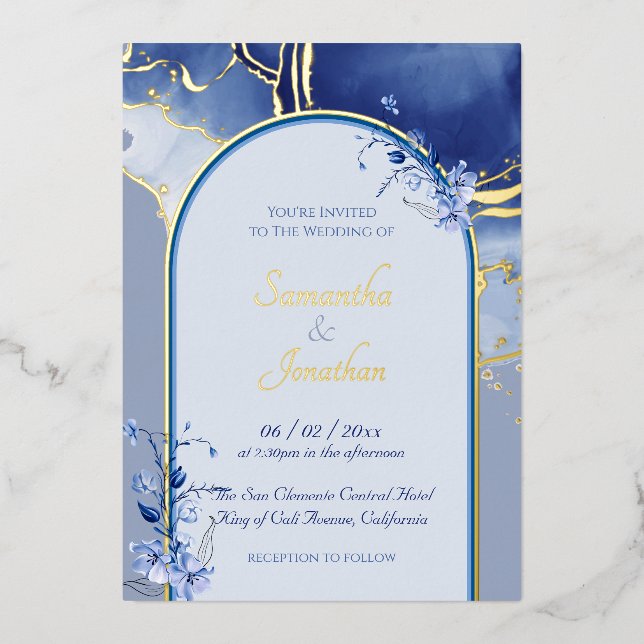 Modern Blue Aqua Marble Wedding Foil Einladung (Vorderseite)