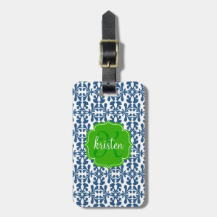 Modern Blue Arabesque Damask Green Personalisiert Gepäckanhänger
