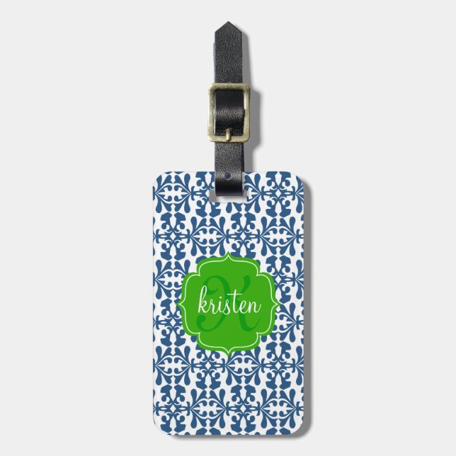 Modern Blue Arabesque Damask Green Personalisiert Gepäckanhänger (Vorderseite vertikal)