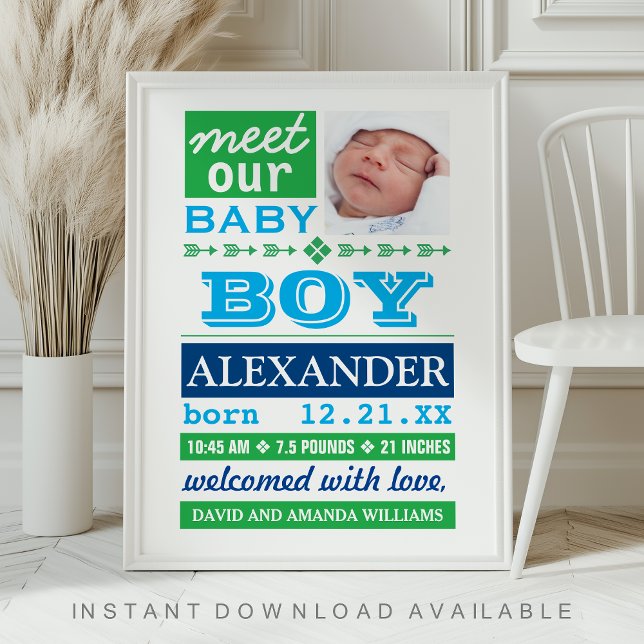 Modern Blue Baby Boy Photo Birth Announcement Poster (Von Creator hochgeladen)