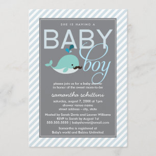 Modern Blue Baby Shooter Boy Little Whale Mustache Einladung