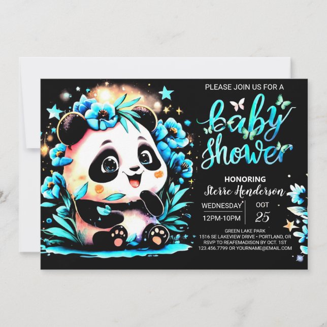 Modern Blue Bamboo Panda Boy Baby Dusche Einladung (Vorderseite)