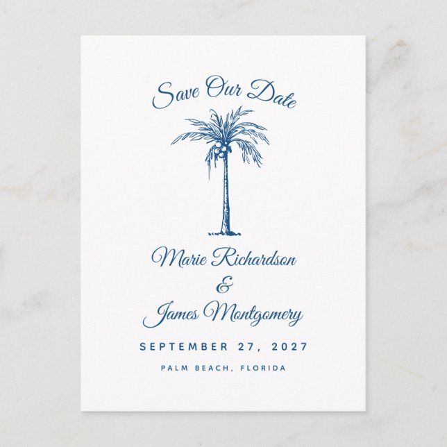 Modern Blue Beach Wedding Save the Date Ankündigungspostkarte (Vorderseite)