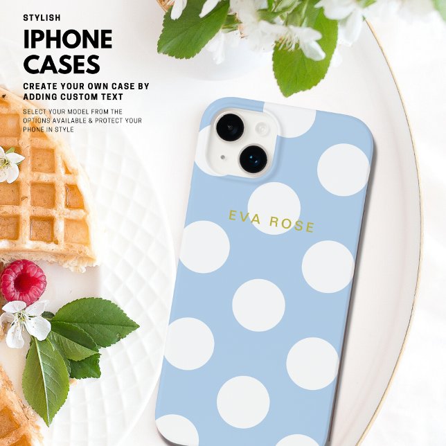 Modern Blue Big Polka Dots iPhone Case mit Name (Von Creator hochgeladen)