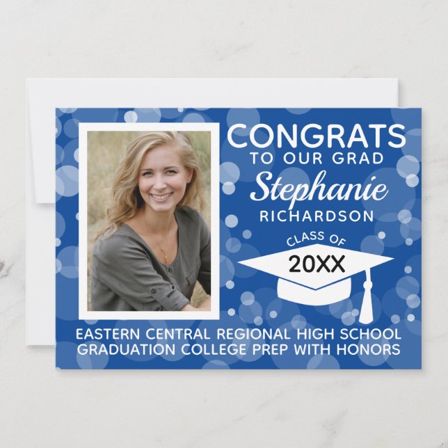 Modern Blue Bokeh Bubbles Foto Abschluss Einladung (Vorderseite)