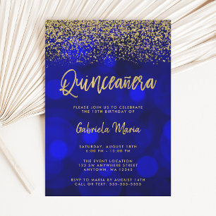 Modern Blue Bokeh Gold Glitzer Quinceanera Einladung