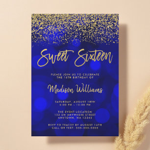 Modern Blue Bokeh Gold Glitzer Sweet 16 Einladung