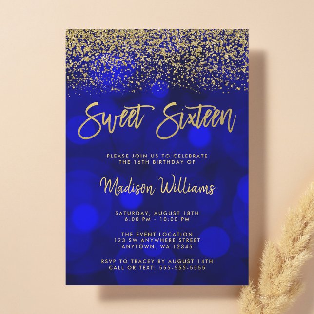 Modern Blue Bokeh Gold Glitzer Sweet 16 Einladung (Von Creator hochgeladen)
