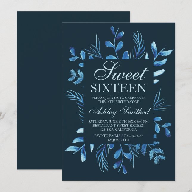 Modern blue botanical leaf watercolor Sweet 16 Einladung (Vorne/Hinten)