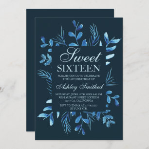 Modern blue botanical leaf watercolor Sweet 16 Einladung