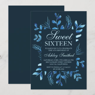 Modern blue botanical leaf watercolor Sweet 16 Einladung