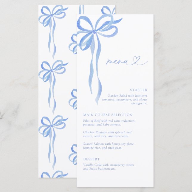 Modern Blue Bow Watercolor Script Bridal Shower Menükarte (Vorne/Hinten)