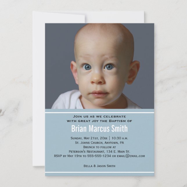 Modern Blue Boy Baptism Foto Einladung (Vorderseite)