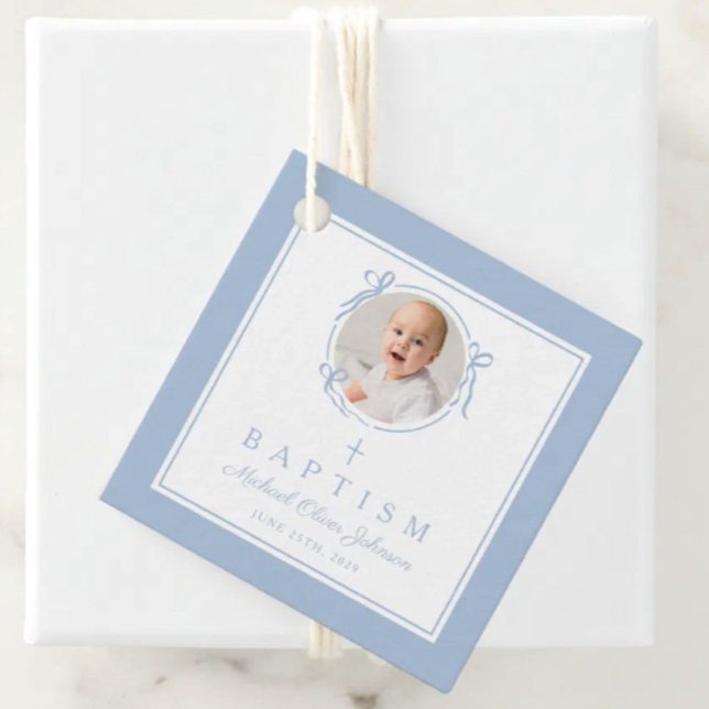 Modern Blue Boy Baptism Photo Geschenkanhänger (Modern Blue Boy Baptism Photo Favor Tags)
