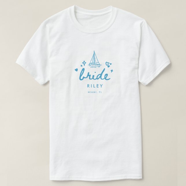 Modern Blue Bride's Name Script Lake Bachelorette T-Shirt (Design vorne)