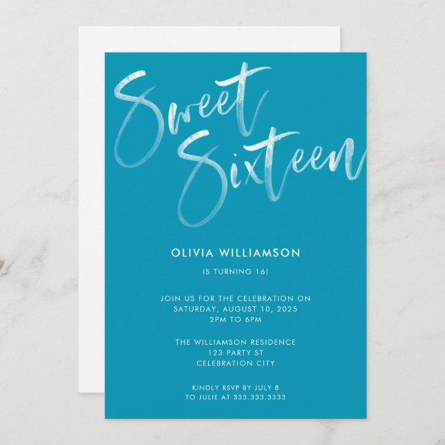 Modern Blue Brush Script Sweet 16 Geburtstag Einladung (Vorne/Hinten)